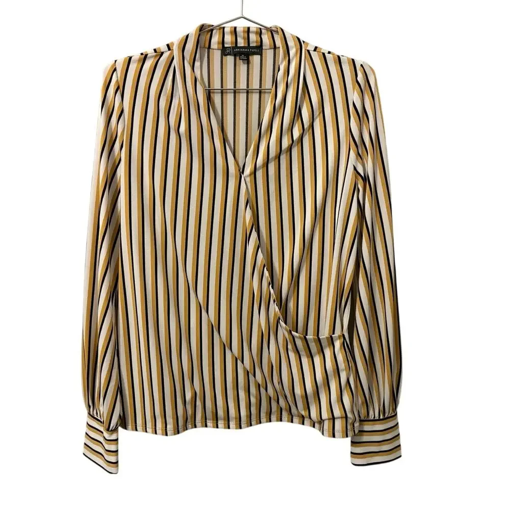 Adrianna Papell Whire, Yellow and Black Stripe Faux Wrap Top M